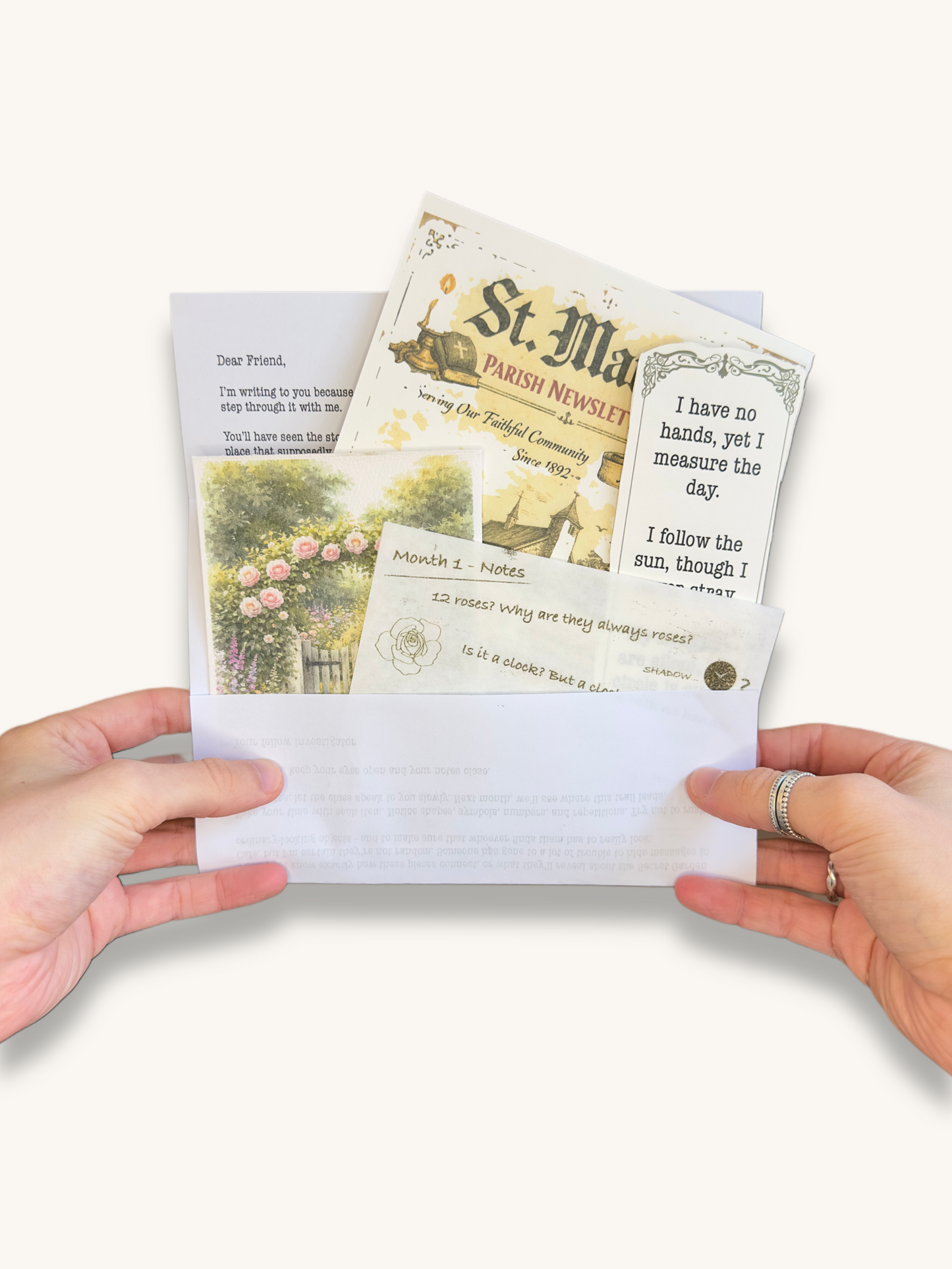 Mystery letter with physical clues and story cards from The Cosy Clue Club