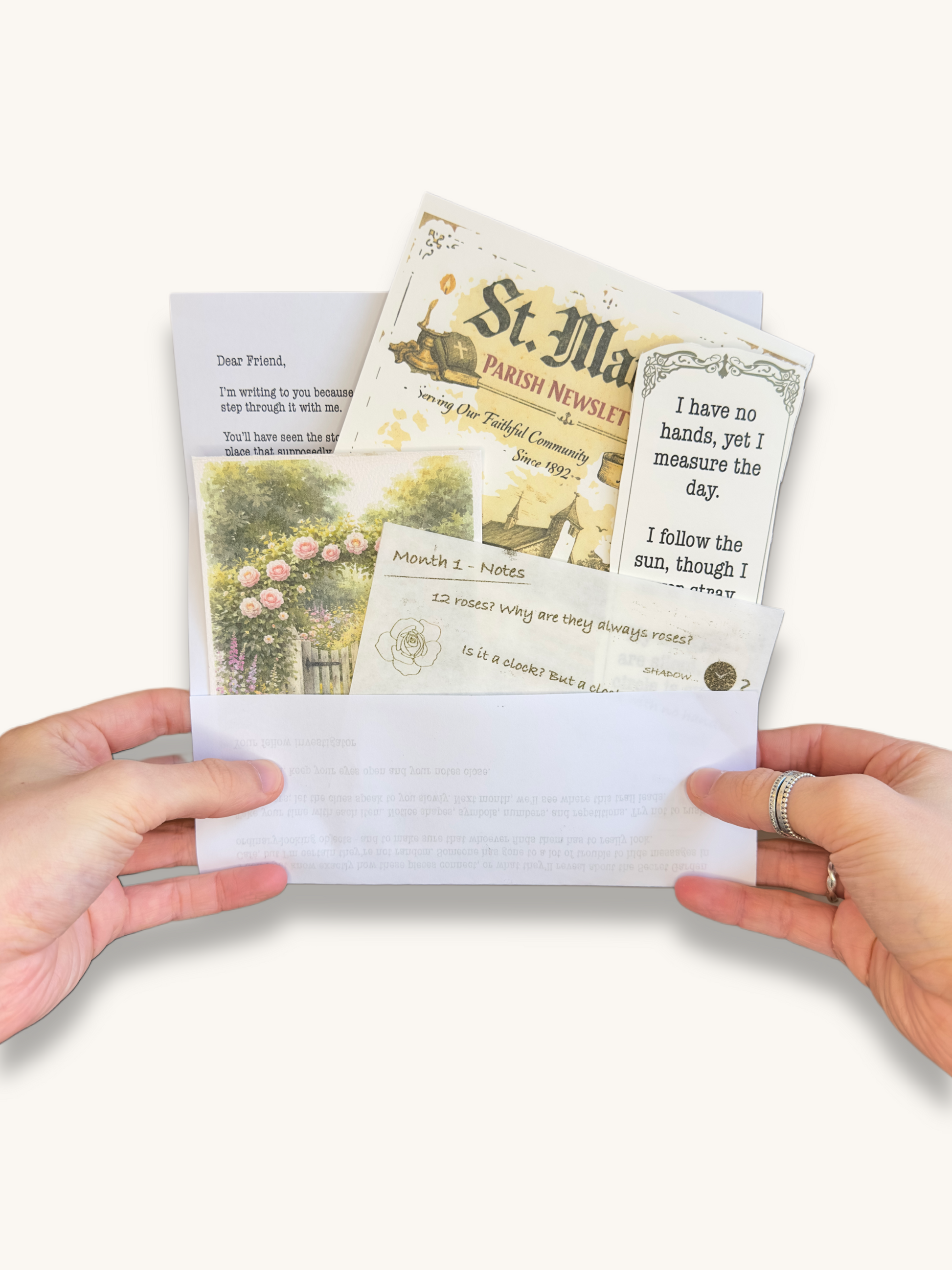 Mystery letter with physical clues and story cards from The Cosy Clue Club