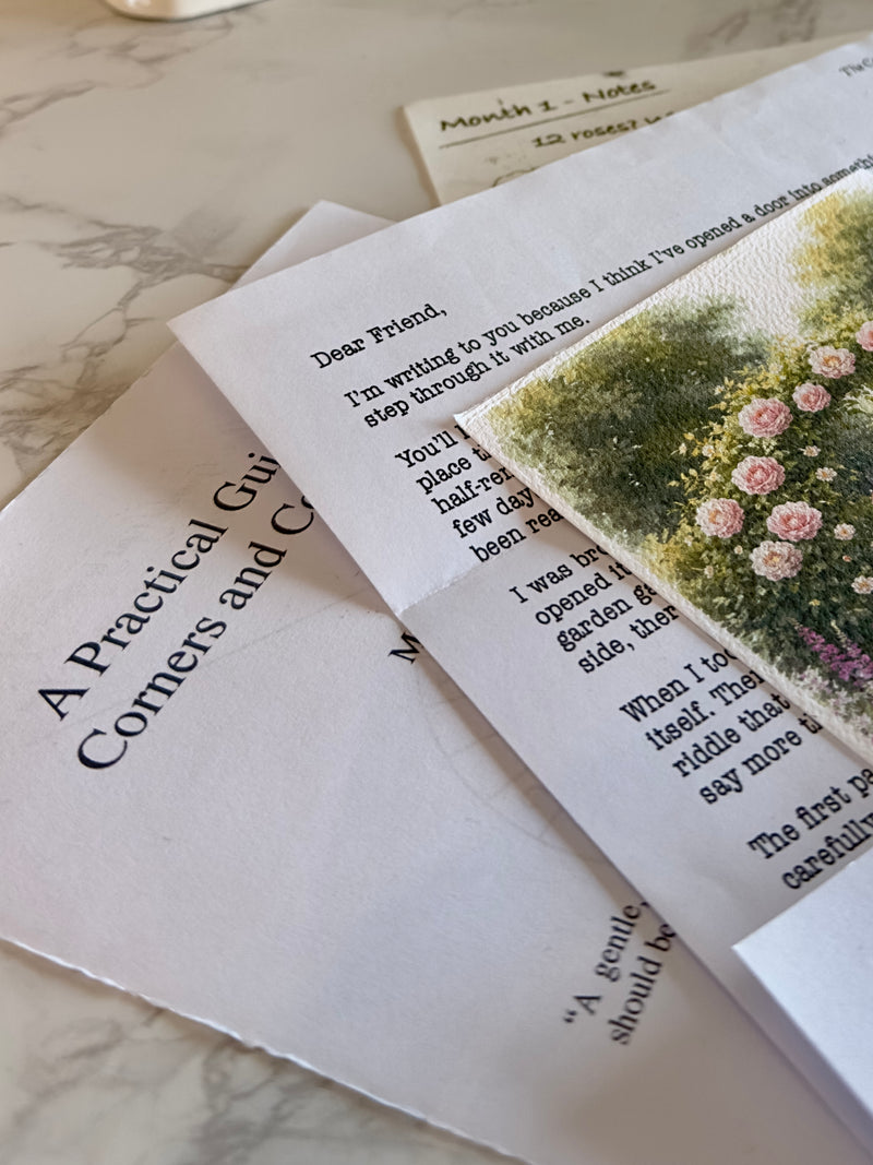 Letter with a scenic postcard on a marble surface