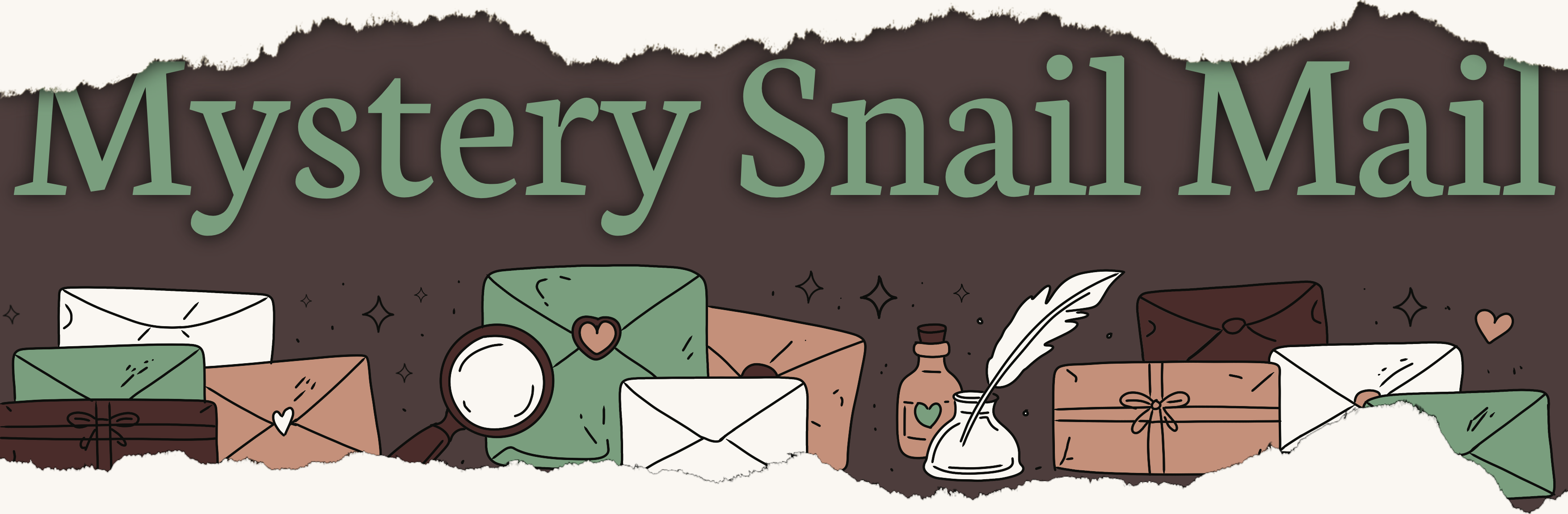 Illustrated envelope and letter icons with 'Mystery Snail Mail' text on a white background