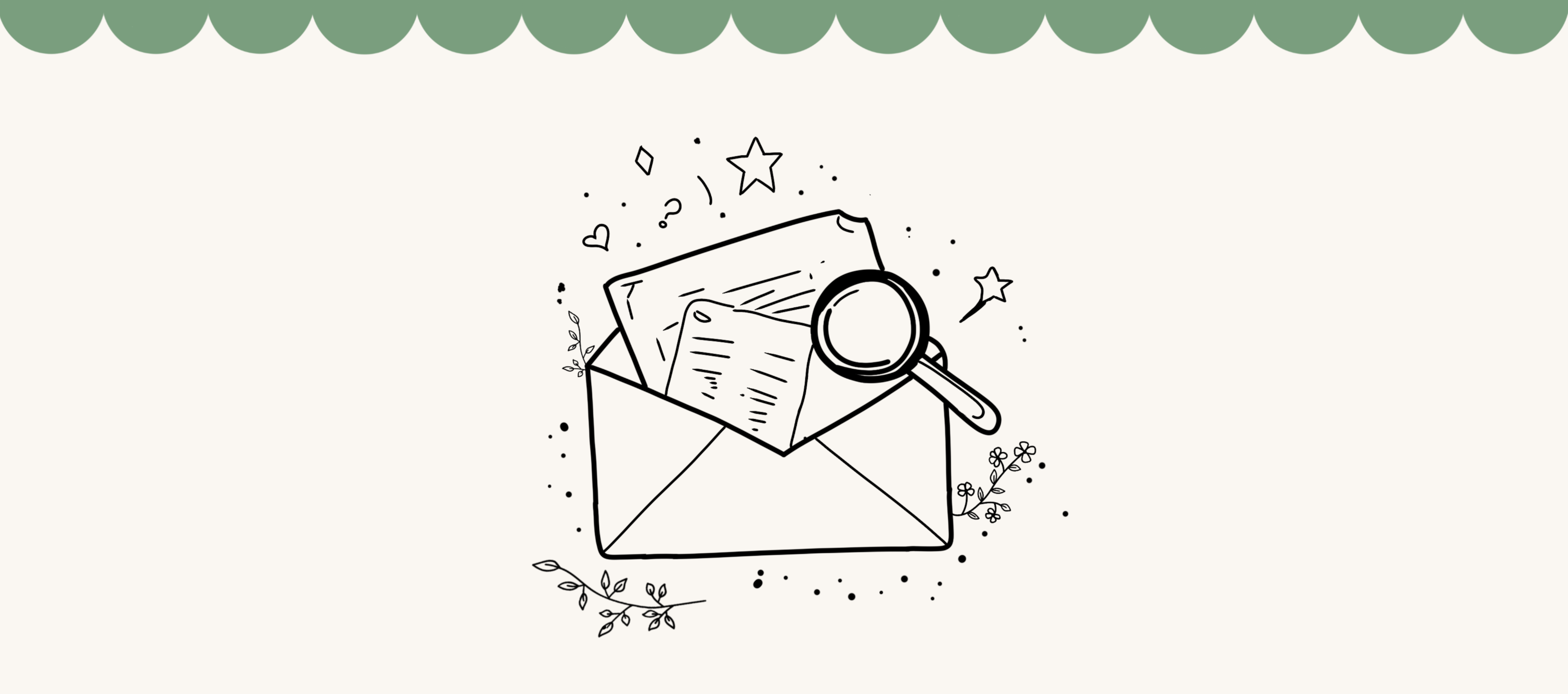 Illustration of an open envelope with a magnifying glass and stars on a light green background